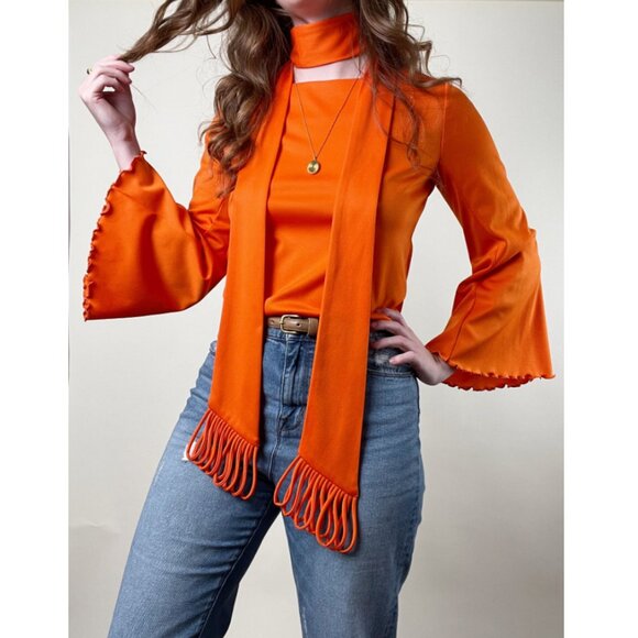 Vintage Union Made Scarf Blouse Set Long Flare Bell Sleeve Fringe Scarf 60s 70s - Picture 9 of 9